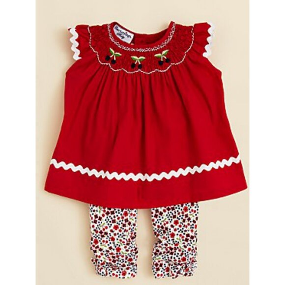 New Baby Girl Hartstrings Smocked Ric Rac Red Cherry Floral Top Pants Set 6/9 M - Picture 2 of 7